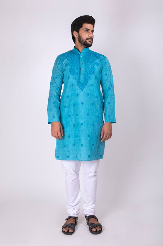 Lucknow Chikan Emporium Turquoise Blue Cotton Hand Chikankari Kurta 