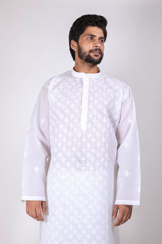 Lucknow Chikan Emporium White Colour Cotton Mens Chikankari Kurta 