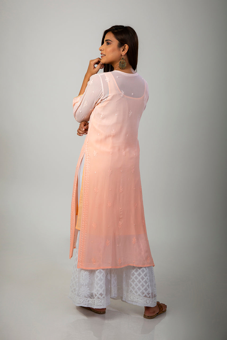Lucknow Chikan Emporium Hand Chikankari Kurti (Peach Shaded)