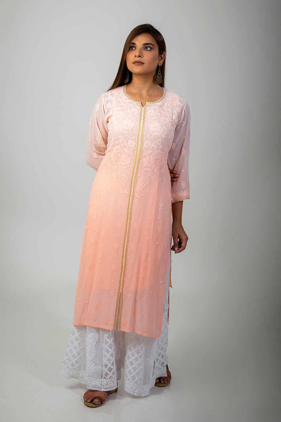 Lucknow Chikan Emporium Hand Chikankari Kurti (Peach Shaded)