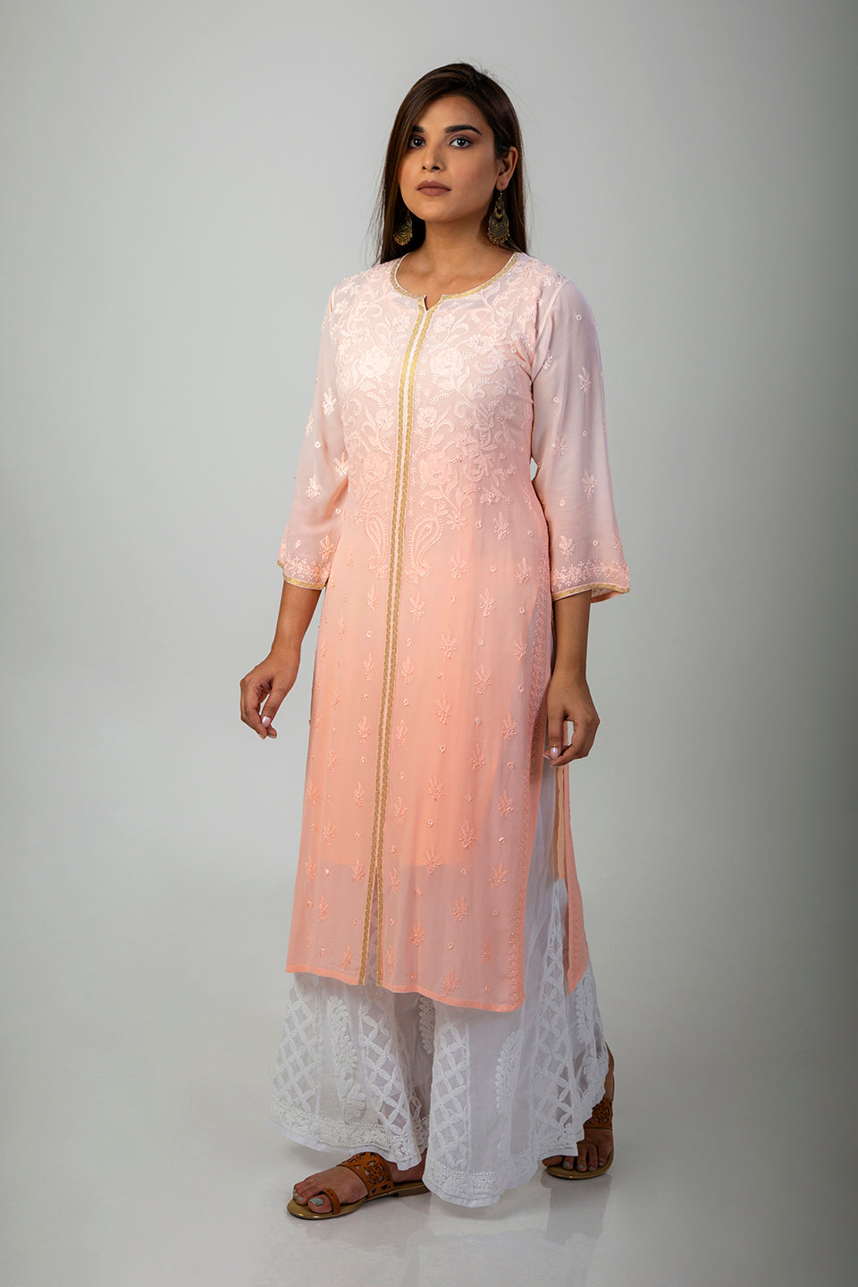 Lucknow Chikan Emporium Hand Chikankari Kurti (Peach Shaded)