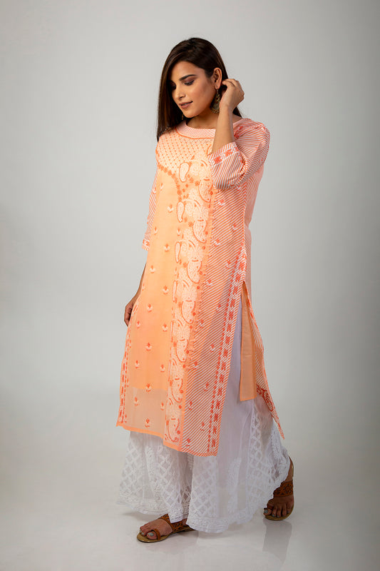 Hand Chikankari Kurti (Peach Color) Lucknow Chikan Emporium.