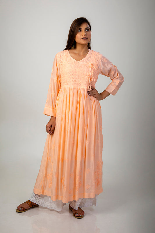 Lucknow Chikan Emporium Skin Friendly soft cotton muslin  Peach Angrakha Chikankari Kurti