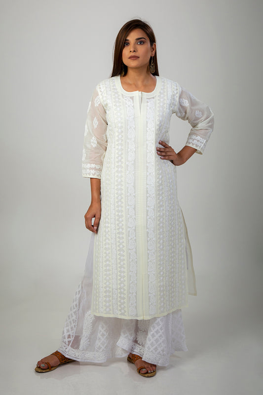 Cream Color Hand Chikankari cotton Kurti Lucknow Chikan Emporium.