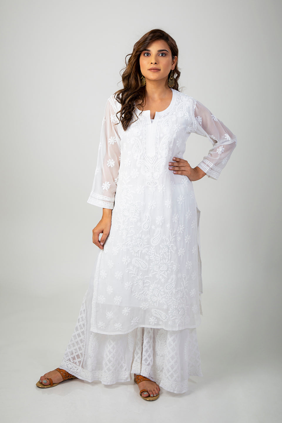 Lucknow Chikan Emporium Hand Skin Friendly Semi Georgette (White Color)