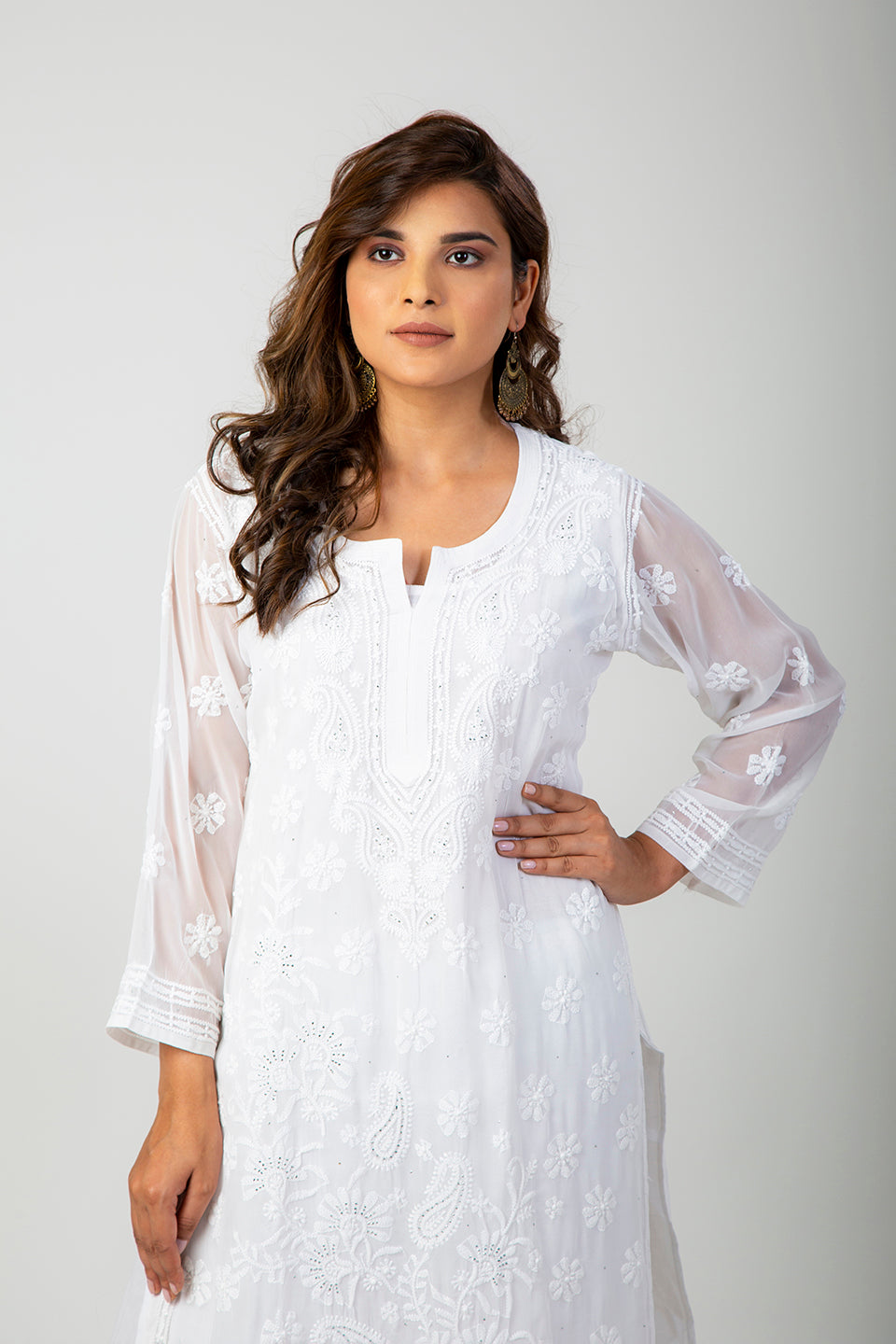Lucknow Chikan Emporium Hand Skin Friendly Semi Georgette (White Color)