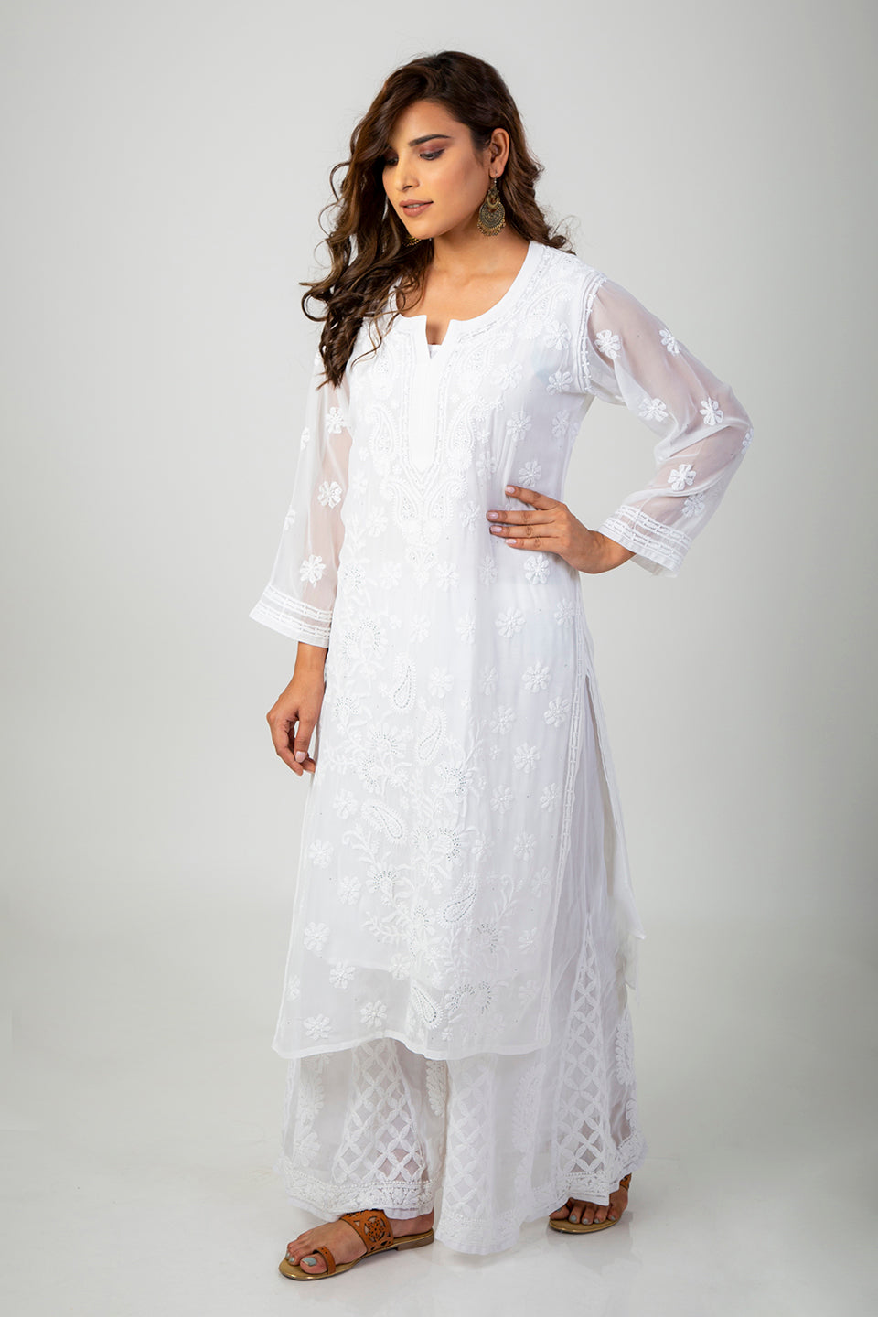 Lucknow Chikan Emporium Hand Skin Friendly Semi Georgette (White Color)
