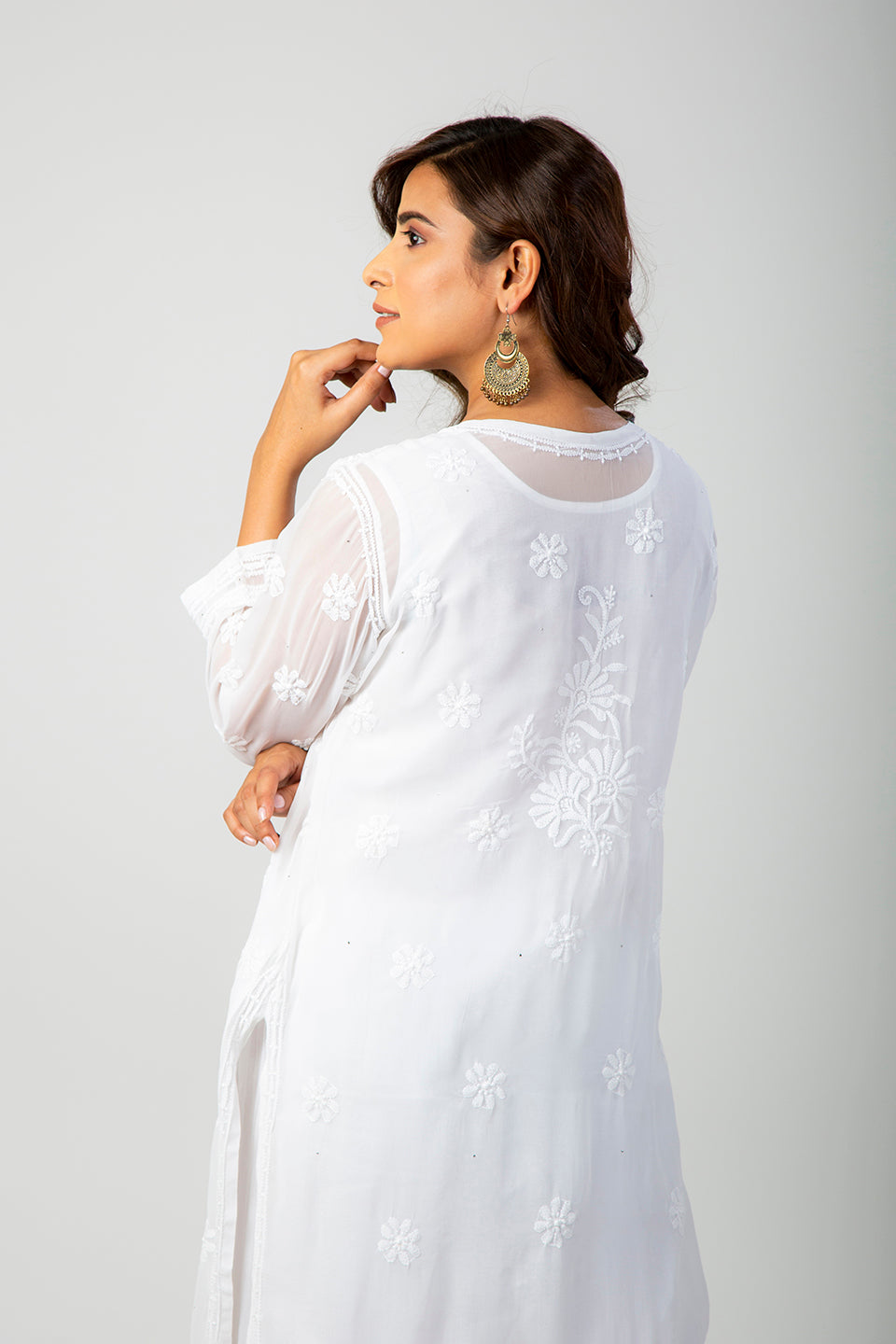 Lucknow Chikan Emporium Hand Skin Friendly Semi Georgette (White Color)