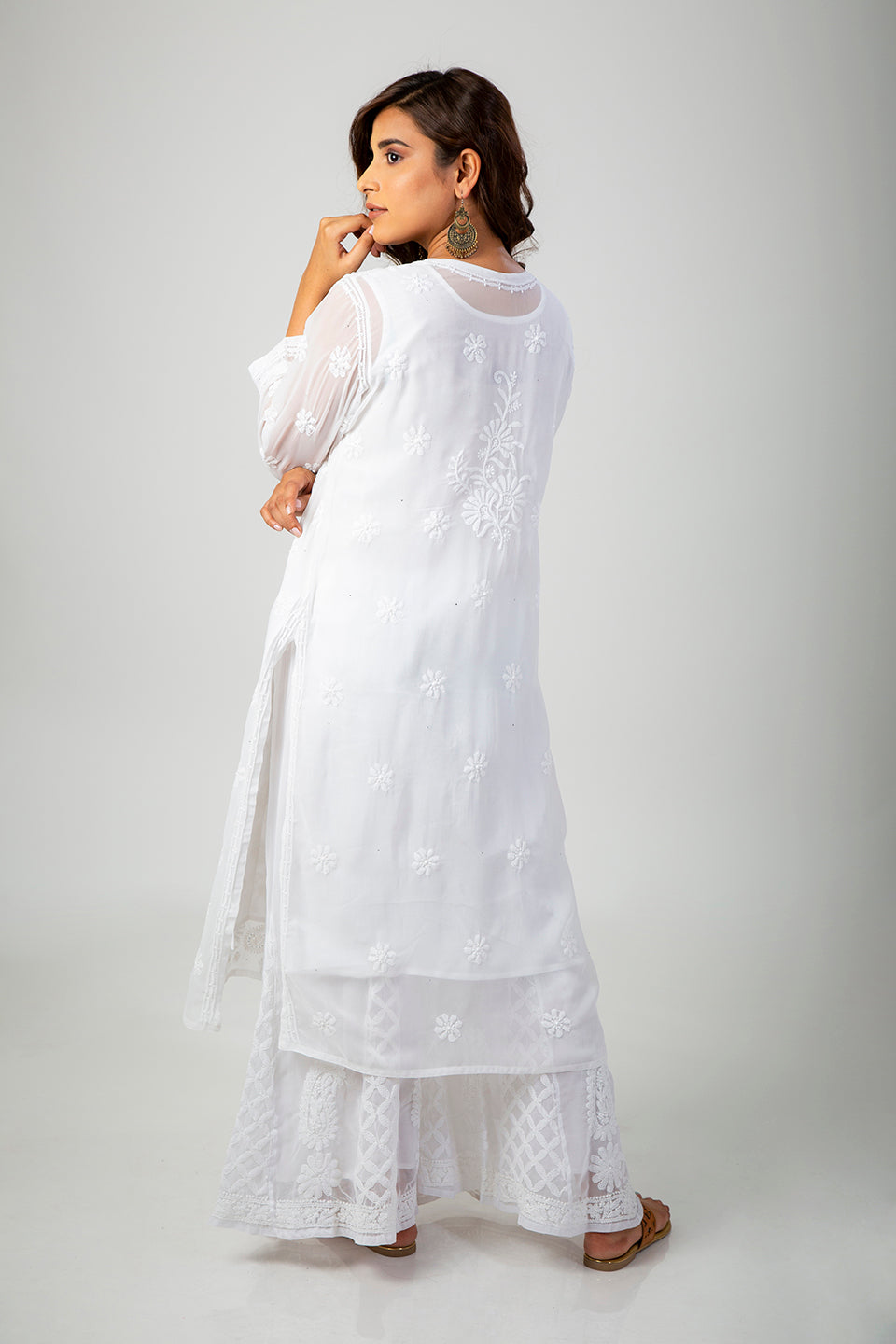 Lucknow Chikan Emporium Hand Skin Friendly Semi Georgette (White Color)