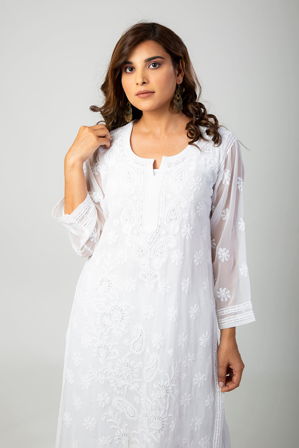 Lucknow Chikan Emporium Hand Skin Friendly Semi Georgette (White Color)