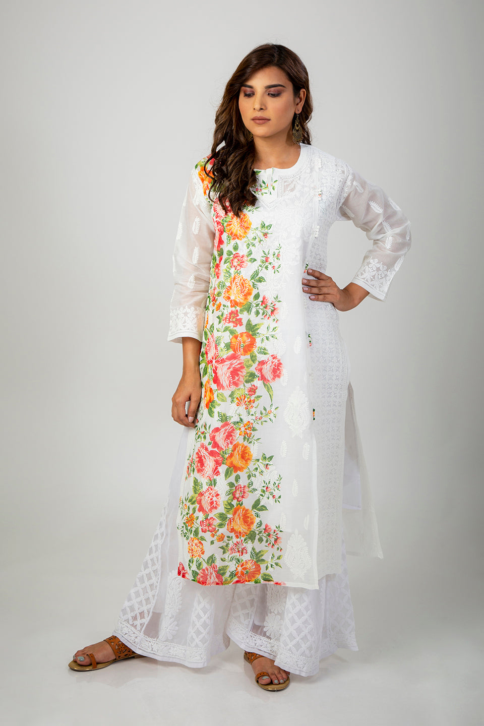 Noor Chikankari Long Kurta in Muslin Cotton for Women-White with Black -  House Of Kari (Chikankari Clothing)