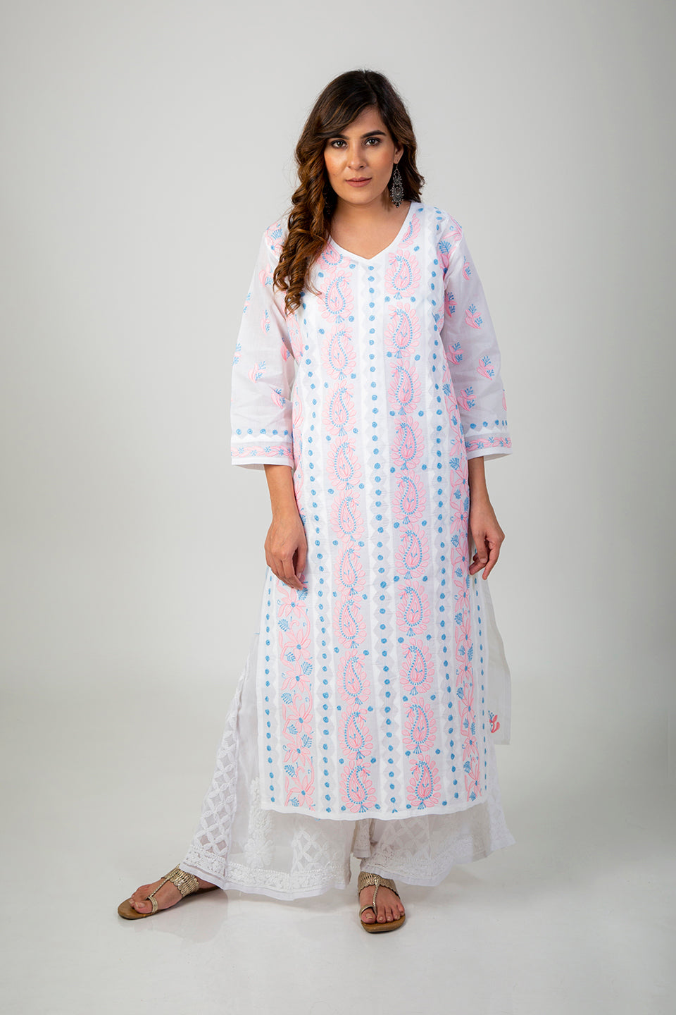 Indian Off-White Chikan Kurti with Maroon Palazzo Embroidered Kurti Pants  Set | eBay