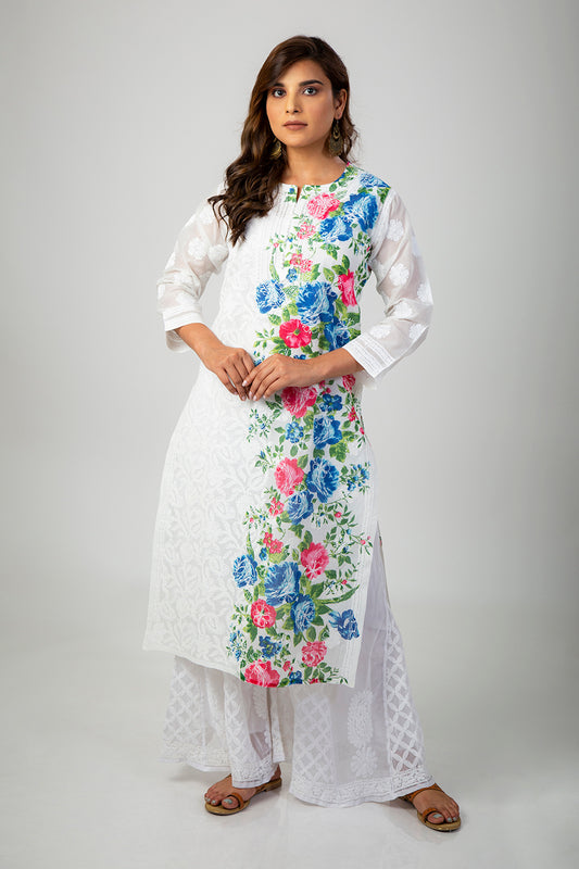 (White and Printed Color) Hand Chikankari Kurti Lucknow Chikan Emporium.