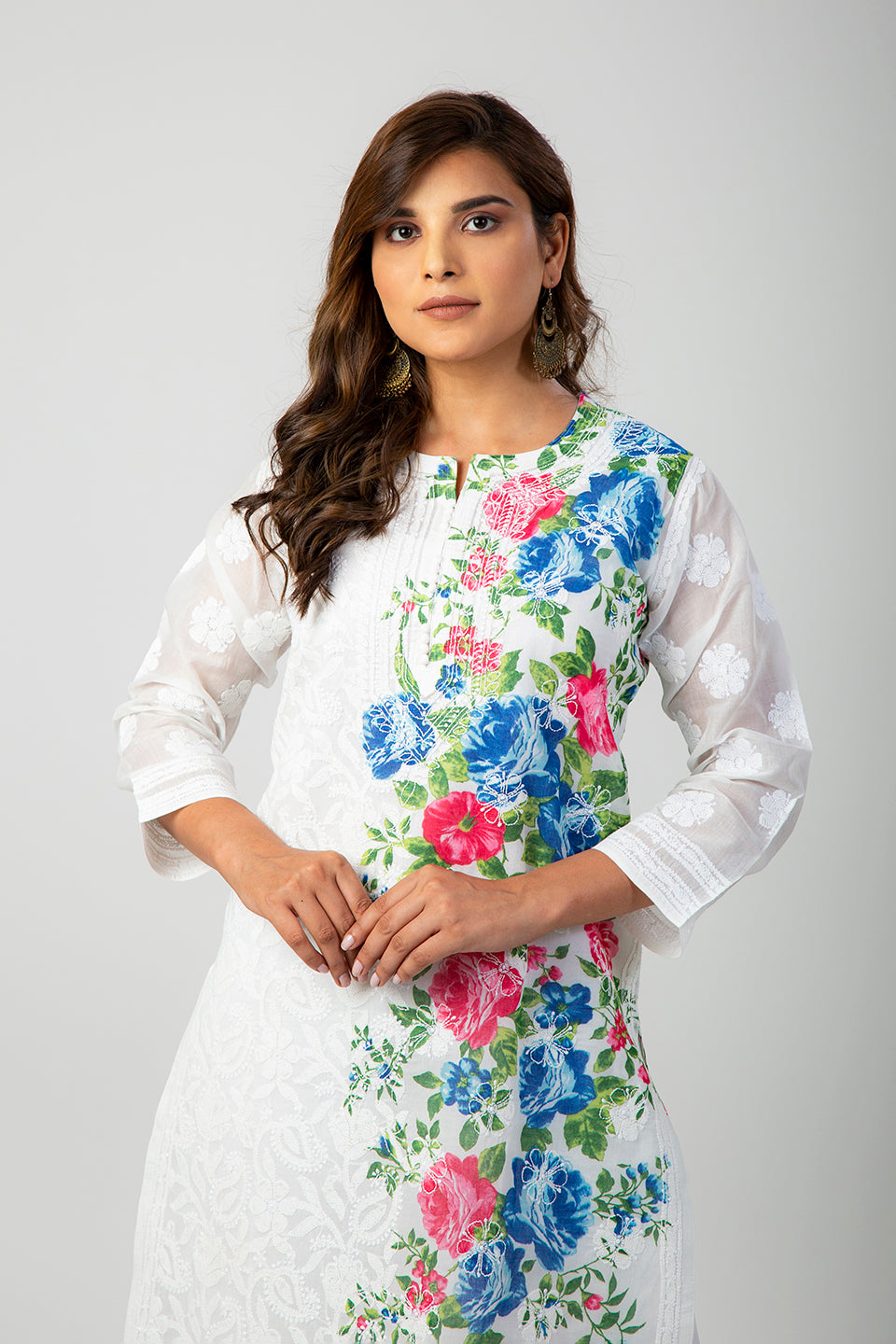 (White and Printed Color) Hand Chikankari Kurti Lucknow Chikan Emporium.