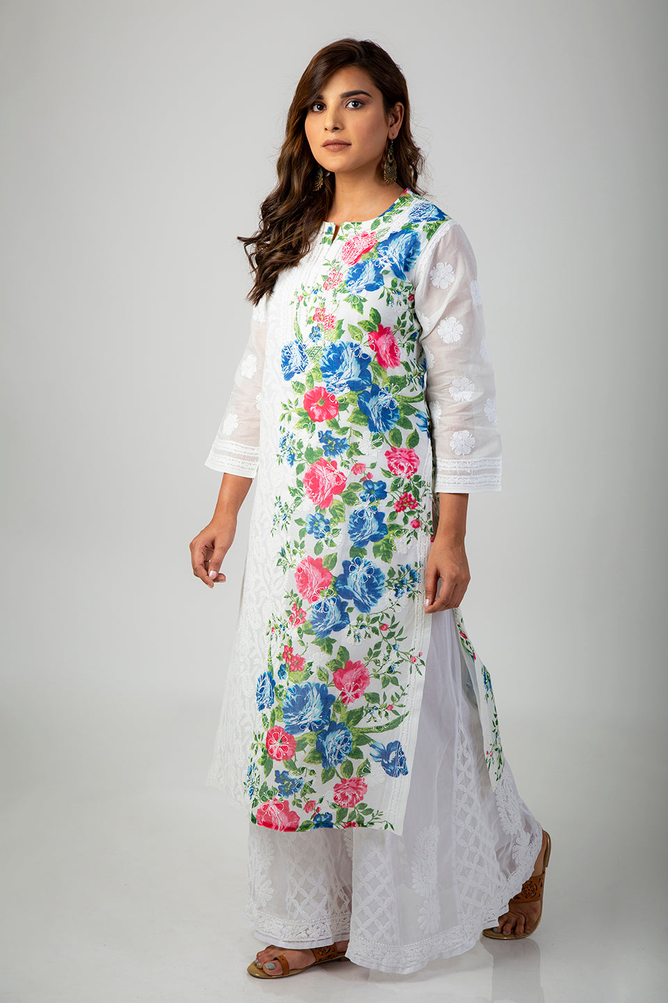 (White and Printed Color) Hand Chikankari Kurti Lucknow Chikan Emporium.