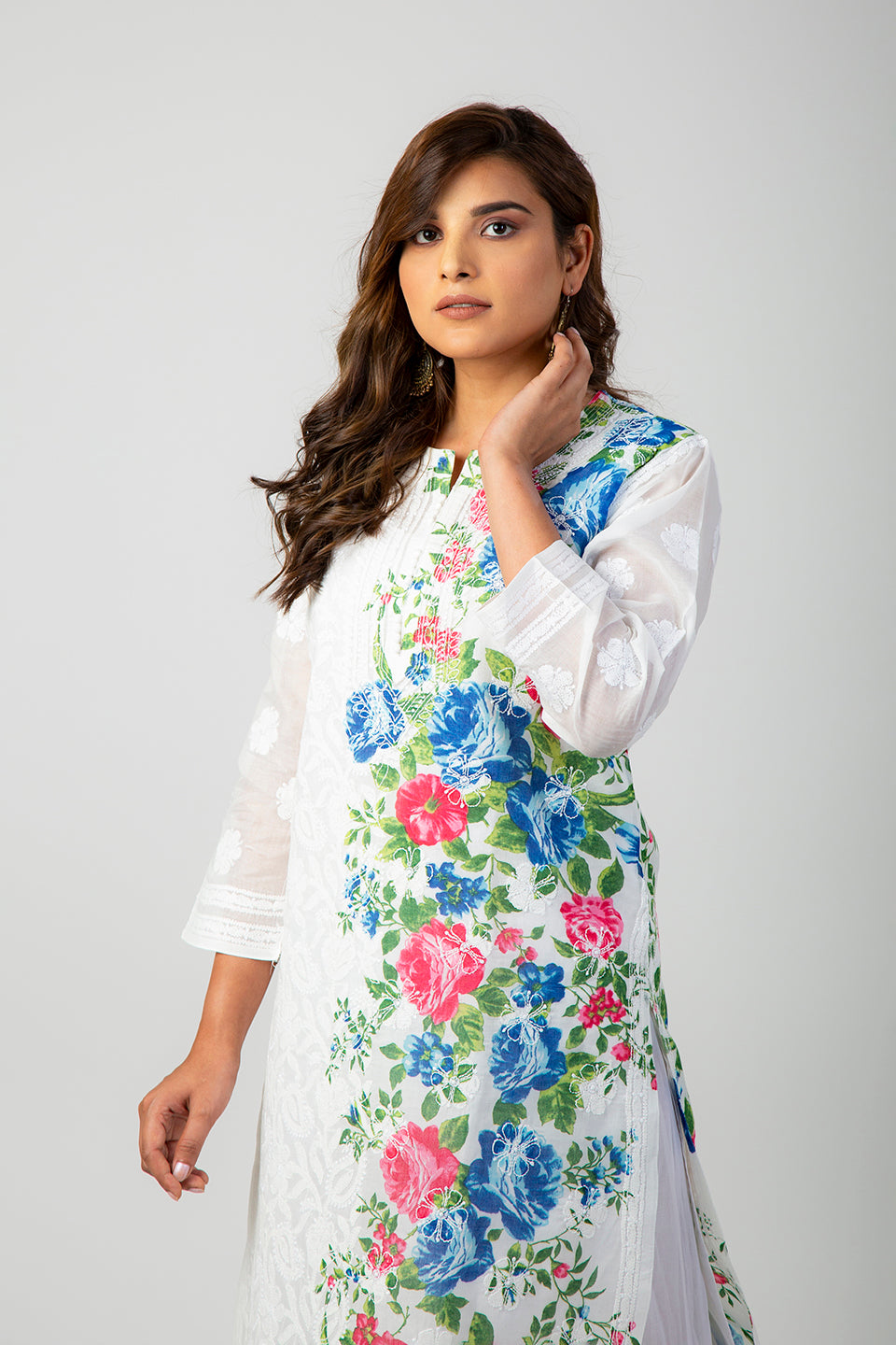 (White and Printed Color) Hand Chikankari Kurti Lucknow Chikan Emporium.