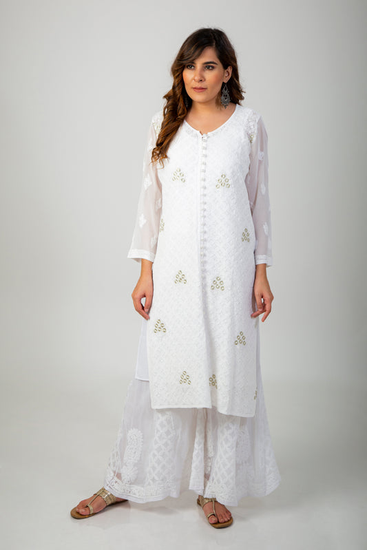 Semi georgette skin friendly kurti  flower motifs embroided with kasab threads  (White Color) Lucknow Chikan Emporium Hand Chikankari