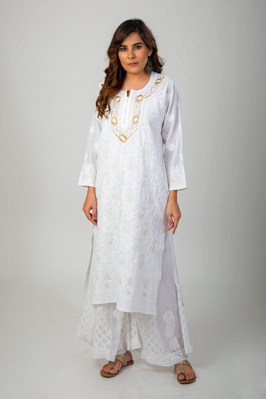 Lucknow Chikan Emporium Hand Chikankari Kurti Skin Friendly Semi Georgette Round Neck (White Color)