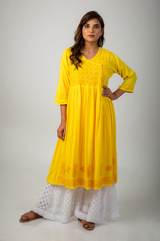 Hand embroided Yellow cotton Chikankari Angarkha Kurti Lucknow Chikan Emporium