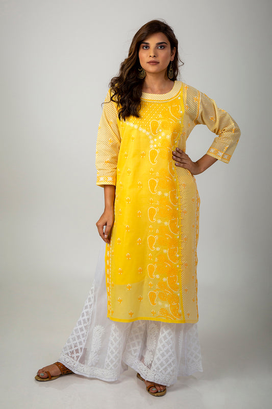 Hand Chikankari Kurti (Yellow Color) Lucknow Chikan Emporium.