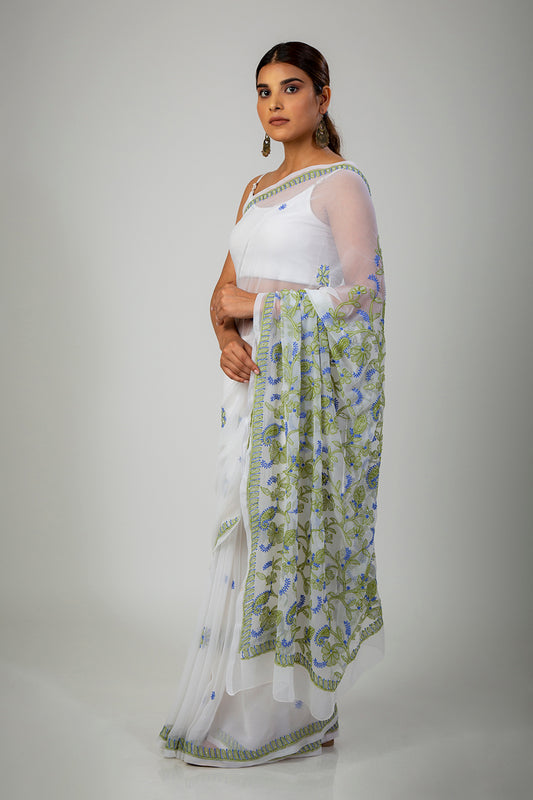 Lucknowi Chikankari Embroided White Chikan Saree With same Colour Blouse piece included.