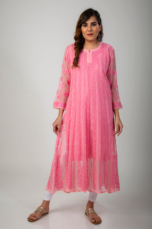 Lucknow Chikan Emporium Hand Chikankari Semi Georgette peach Pink Anarkali Kurti