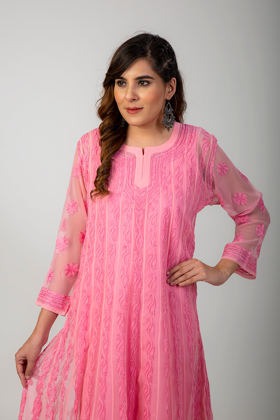 Lucknow Chikan Emporium Hand Chikankari Semi Georgette peach Pink Anarkali Kurti