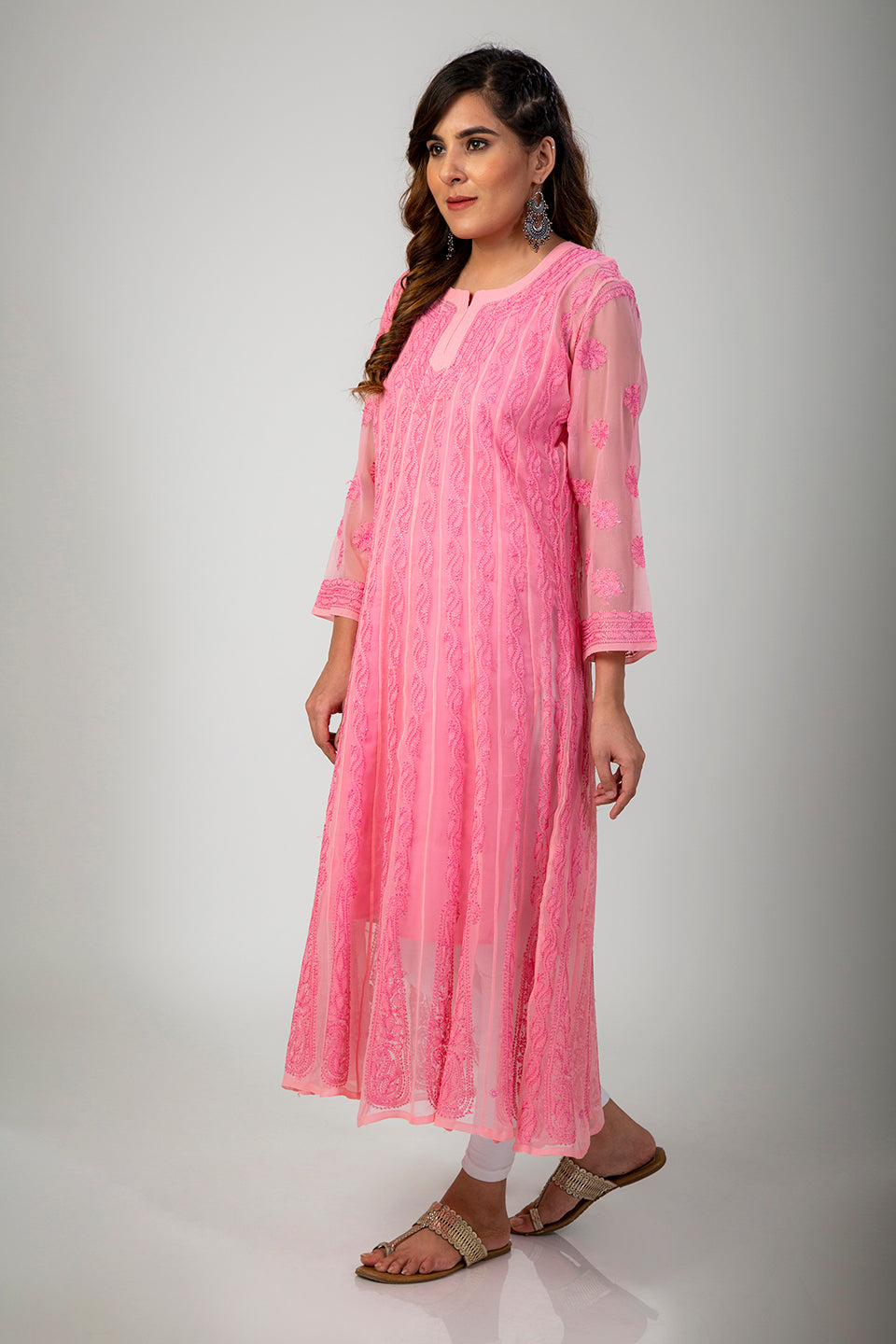 Lucknow Chikan Emporium Hand Chikankari Semi Georgette peach Pink Anarkali Kurti