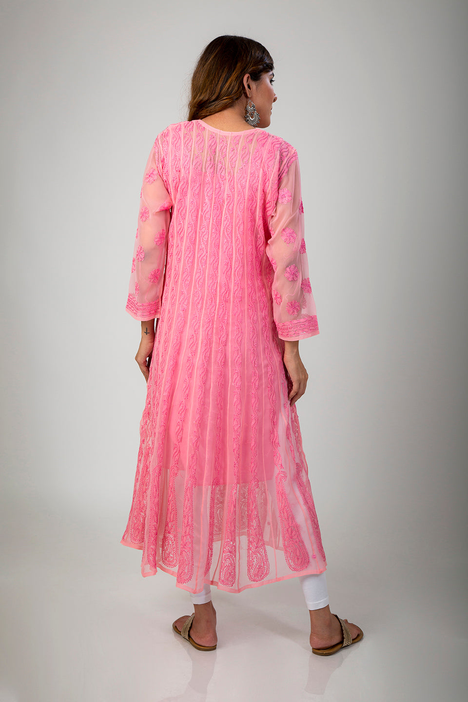 Lucknow Chikan Emporium Hand Chikankari Semi Georgette peach Pink Anarkali Kurti