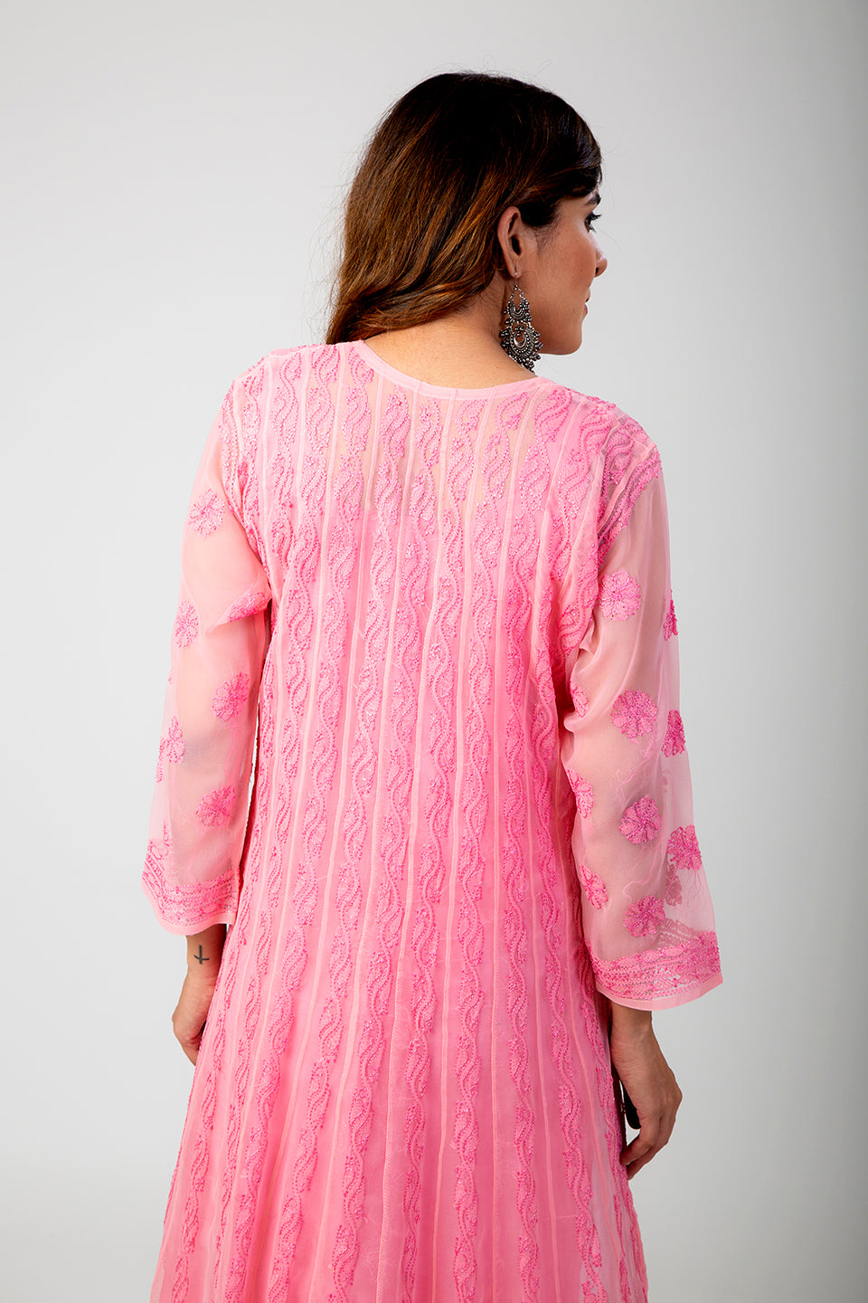 Lucknow Chikan Emporium Hand Chikankari Semi Georgette peach Pink Anarkali Kurti