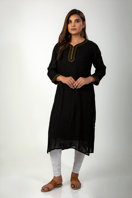 Viscose Georgette (Black Color) Skin friendly Hand Chikankari Kurti Lucknow Chikan Emprorium.