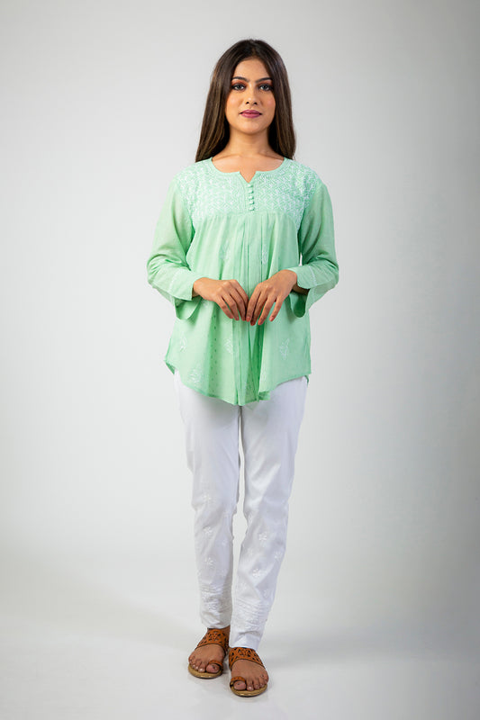 Lucknow Chikan Emporium Green Short Chikan Kurti