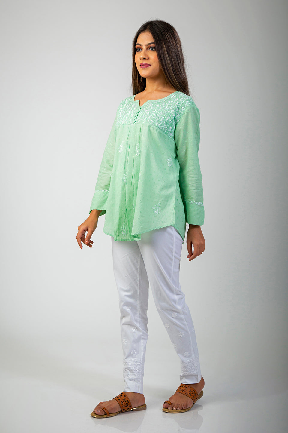 Lucknow Chikan Emporium Green Short Chikan Kurti