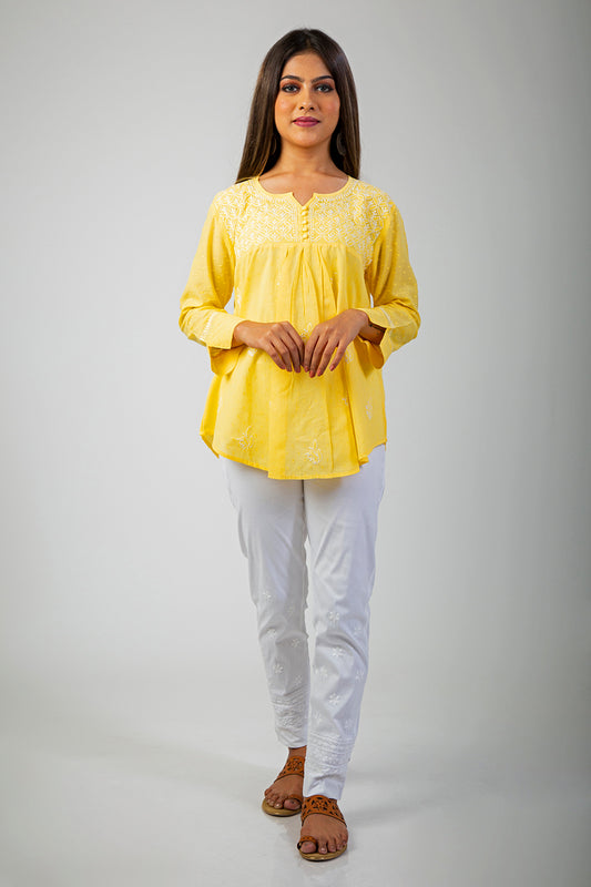 Lucknow Chikan Emporium Yellow Short Chikan Kurti