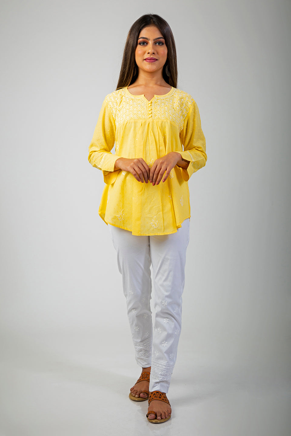 Ada Hand Embroidered Yellow Georgette Lucknowi Chikan Women Kurta With Slip  - A411128 - Ada - 3385804