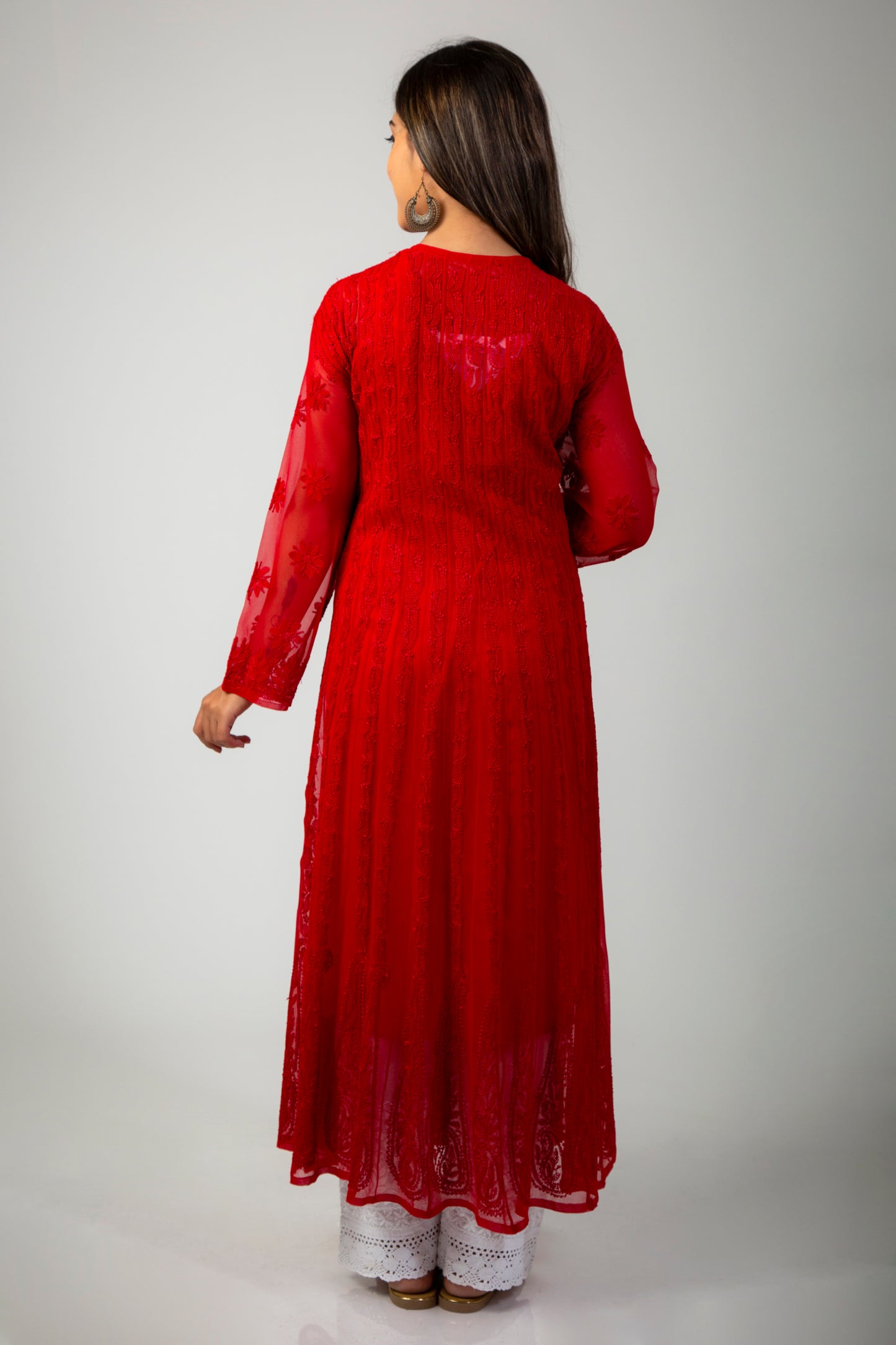 Lucknow Chikan Emporium Hand Chikankari  Red Semi georgette 56 KALI ANARKALI  Kurti