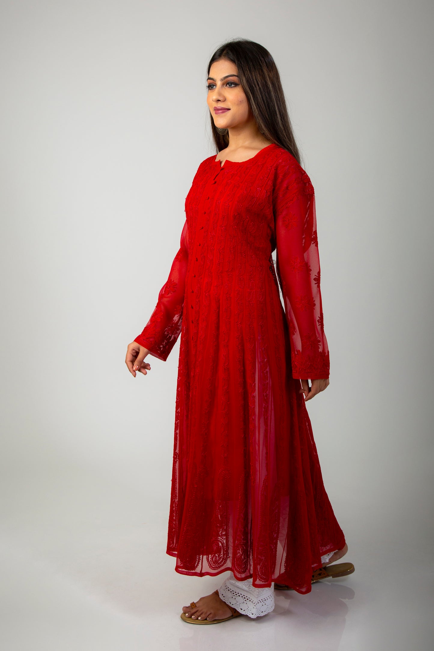 Lucknow Chikan Emporium Hand Chikankari  Red Semi georgette 56 KALI ANARKALI  Kurti