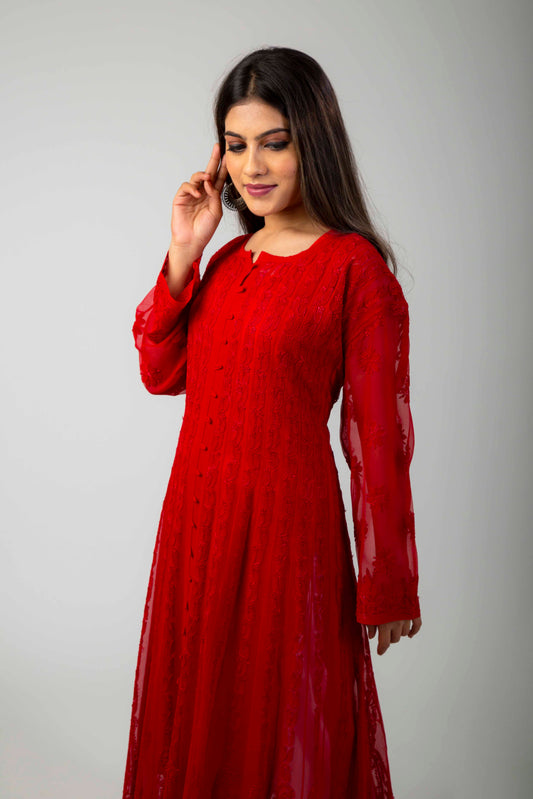 Lucknow Chikan Emporium Hand Chikankari  Red Semi georgette 56 KALI ANARKALI  Kurti