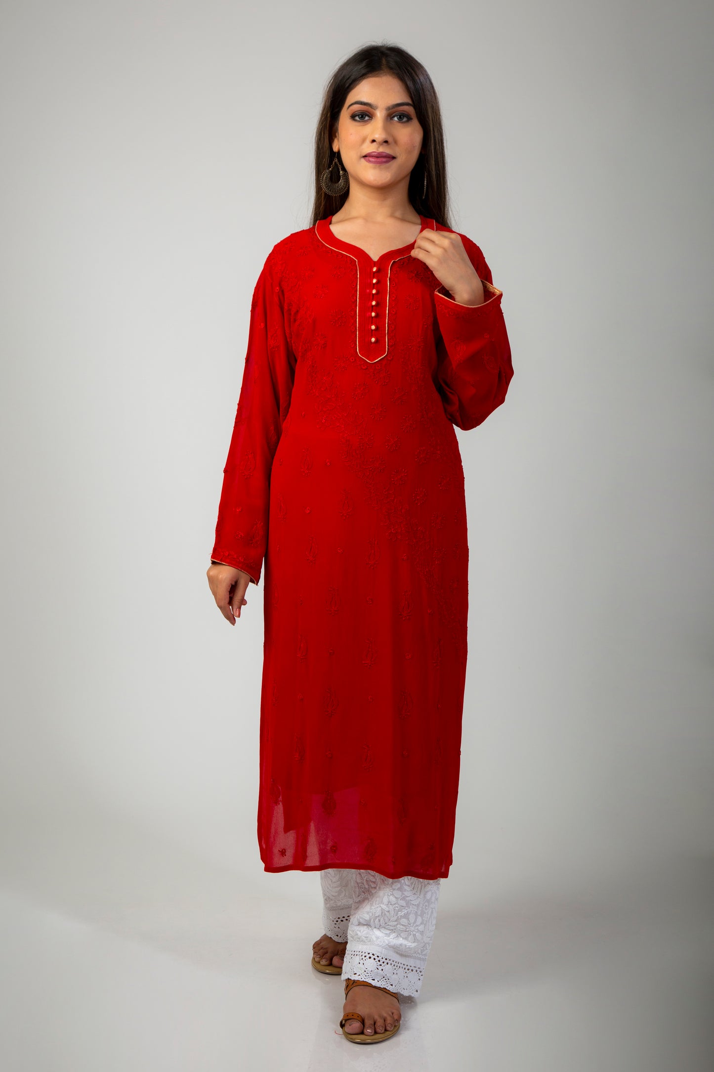 Lucknow Chikan Emprorium Hand Chikankari Kurti Skin friendly Viscose Georgette (Red Color)