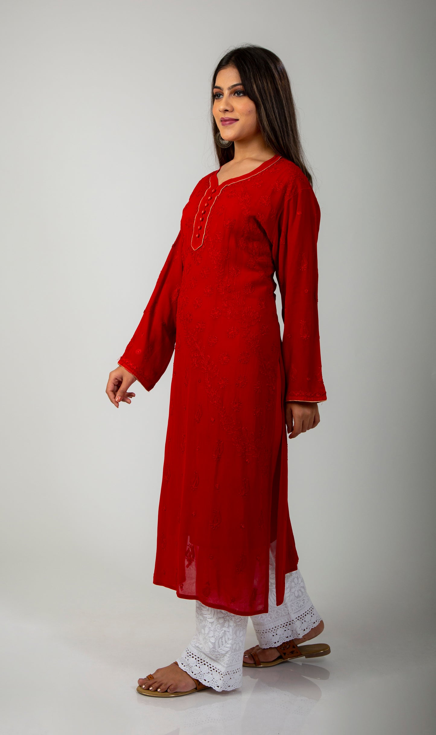 Lucknow Chikan Emprorium Hand Chikankari Kurti Skin friendly Viscose Georgette (Red Color)