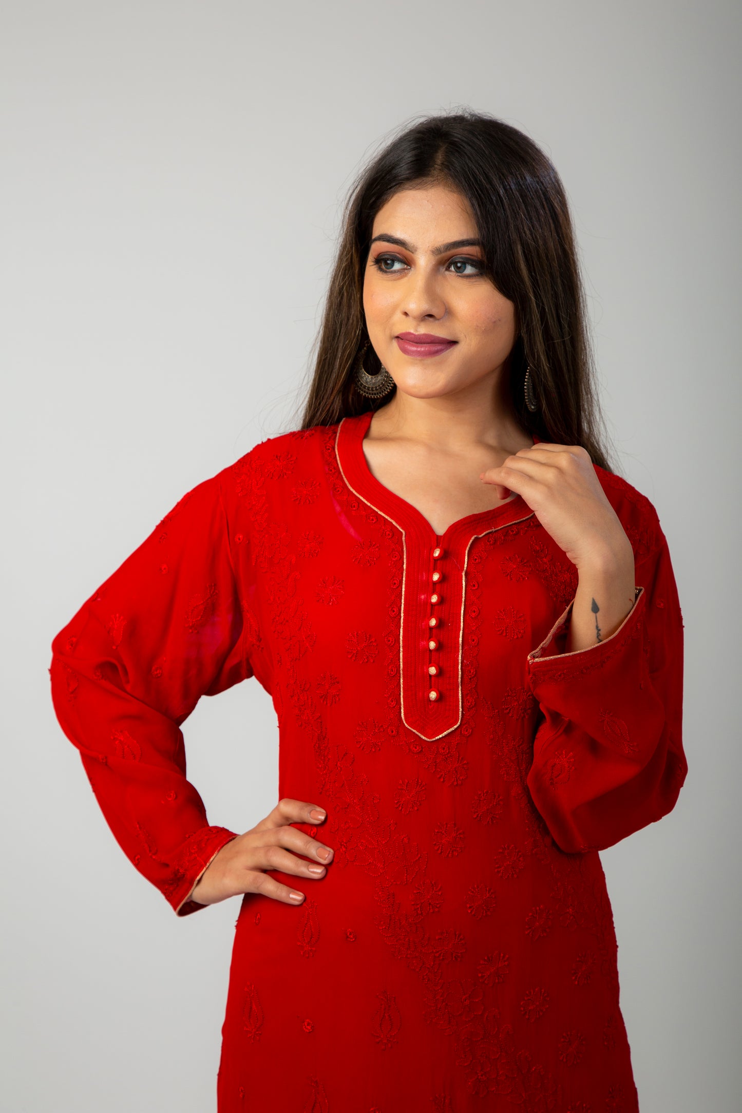 Lucknow Chikan Emprorium Hand Chikankari Kurti Skin friendly Viscose Georgette (Red Color)