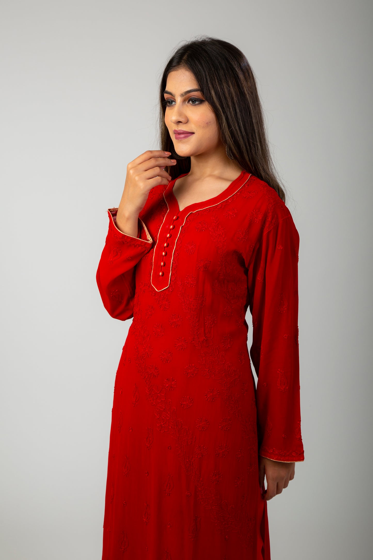 Lucknow Chikan Emprorium Hand Chikankari Kurti Skin friendly Viscose Georgette (Red Color)