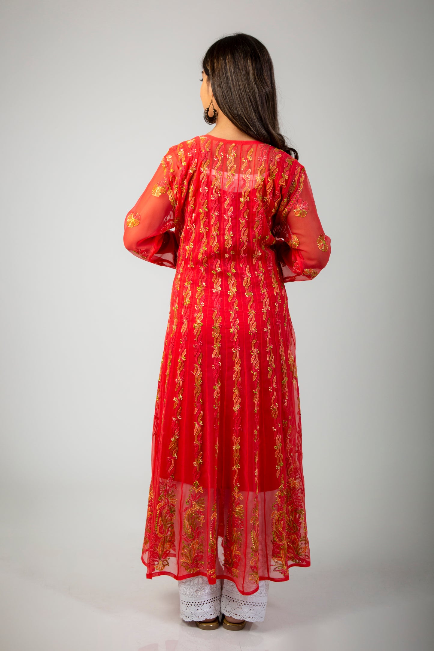 Lucknow Chikan Emporium Skin Freindly Semi Georgette Dark Carrot Pink Anarkali Kurti