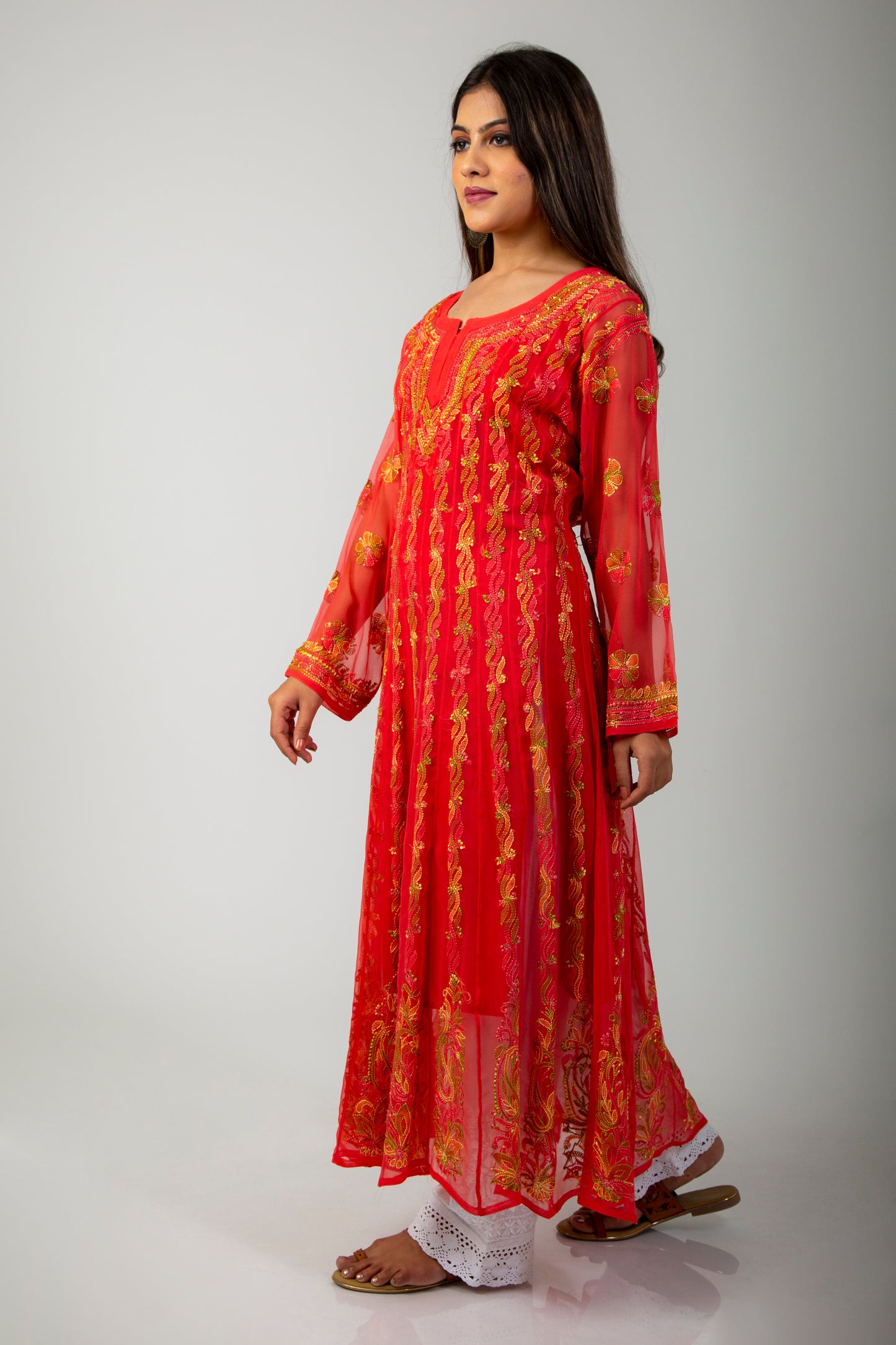 Lucknow Chikan Emporium Skin Freindly Semi Georgette Dark Carrot Pink Anarkali Kurti