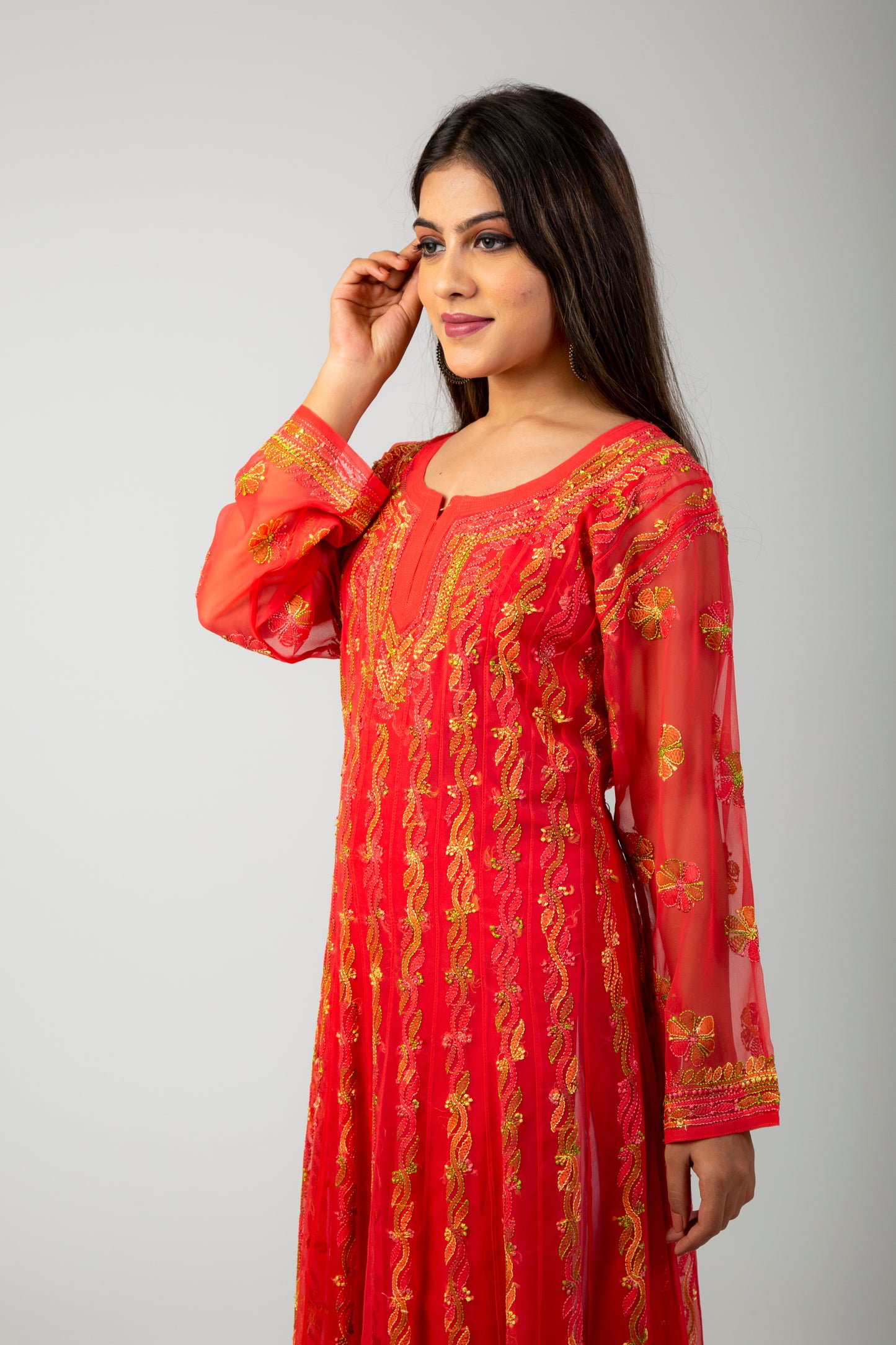 Lucknow Chikan Emporium Skin Freindly Semi Georgette Dark Carrot Pink Anarkali Kurti