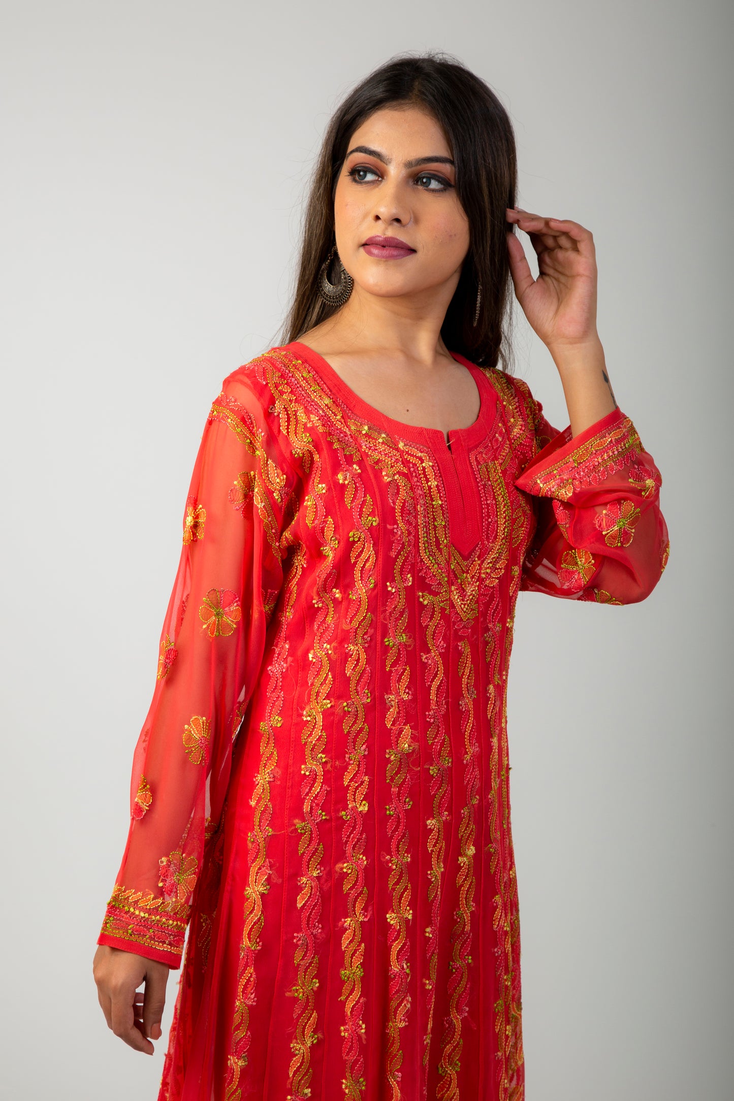 Lucknow Chikan Emporium Skin Freindly Semi Georgette Dark Carrot Pink Anarkali Kurti