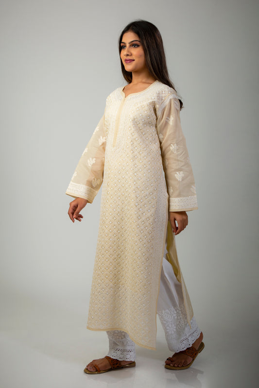 Lucknow Chikan Emporium Fawn Colour Chikan Kurti