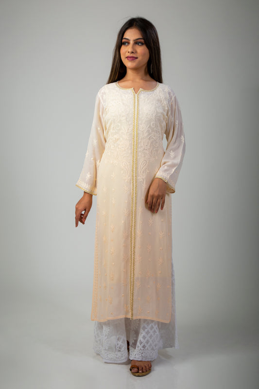 Lucknow Chikan Emprorium Hand Chikankari Kurti Skin friendly Viscose Georgette (Coffee Color Shaded)