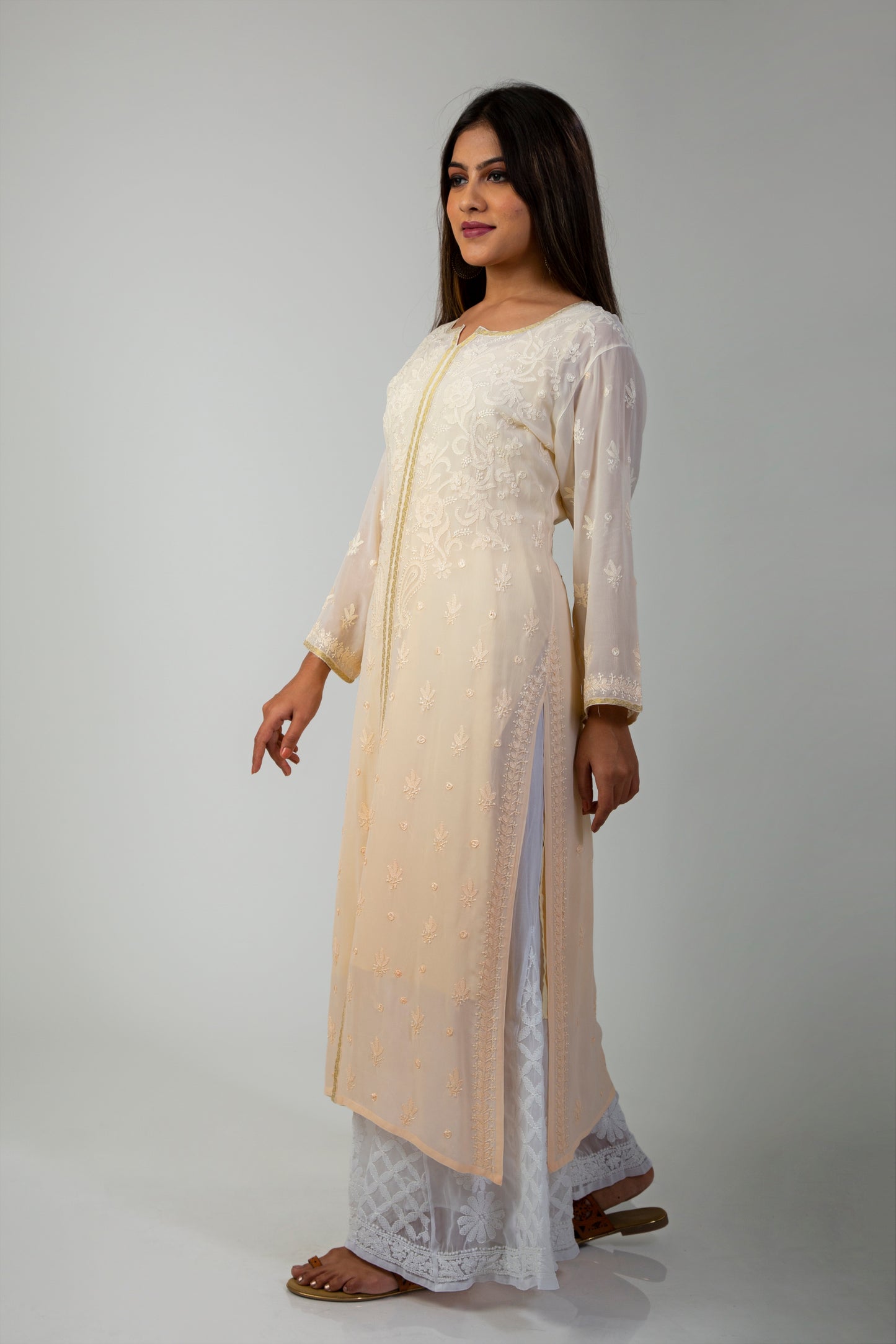 Lucknow Chikan Emprorium Hand Chikankari Kurti Skin friendly Viscose Georgette (Coffee Color Shaded)