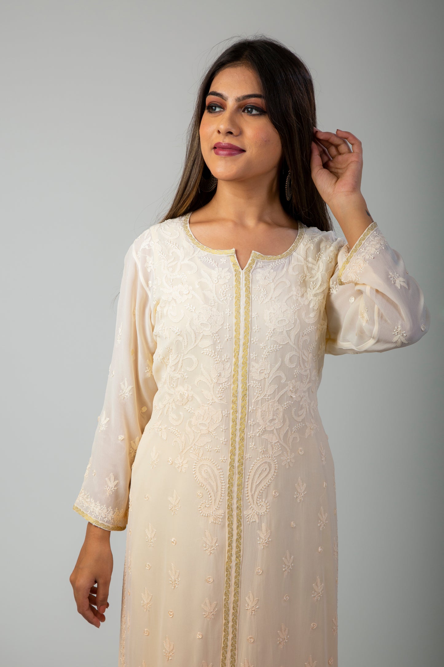 Lucknow Chikan Emprorium Hand Chikankari Kurti Skin friendly Viscose Georgette (Coffee Color Shaded)